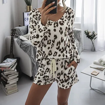 

MuyogrtLeopard Print Long Sleeve Women's Set Loose Tie Print Female Tracksuit Gradient Pullover Top+Shorts Two Piece Set