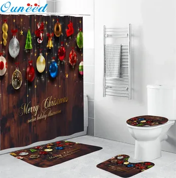 

Ouneed 4PCS Merry Christmas print Bathroom Shower Curtain sets cute party Non Slip Toilet Shower curtain Cover Mat set drop ship