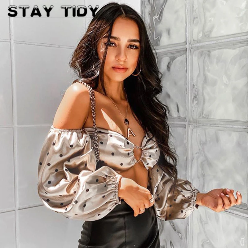 

STAY TIDY Sexy Metal Love Buckle Polka Dote Extra Crop Tops 2020 Spring Women Long Sleeve Slash Neck Party Streetwear T Shirts