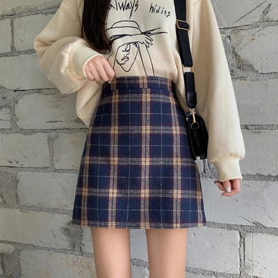 navy blue Винтажные мини-юбки трапециевидной формы с высокой талией, зимняя женская Корейская шерстяная юбка, уличная мини-юбка с эластичной резинкой на талии - Цвет: navy blue