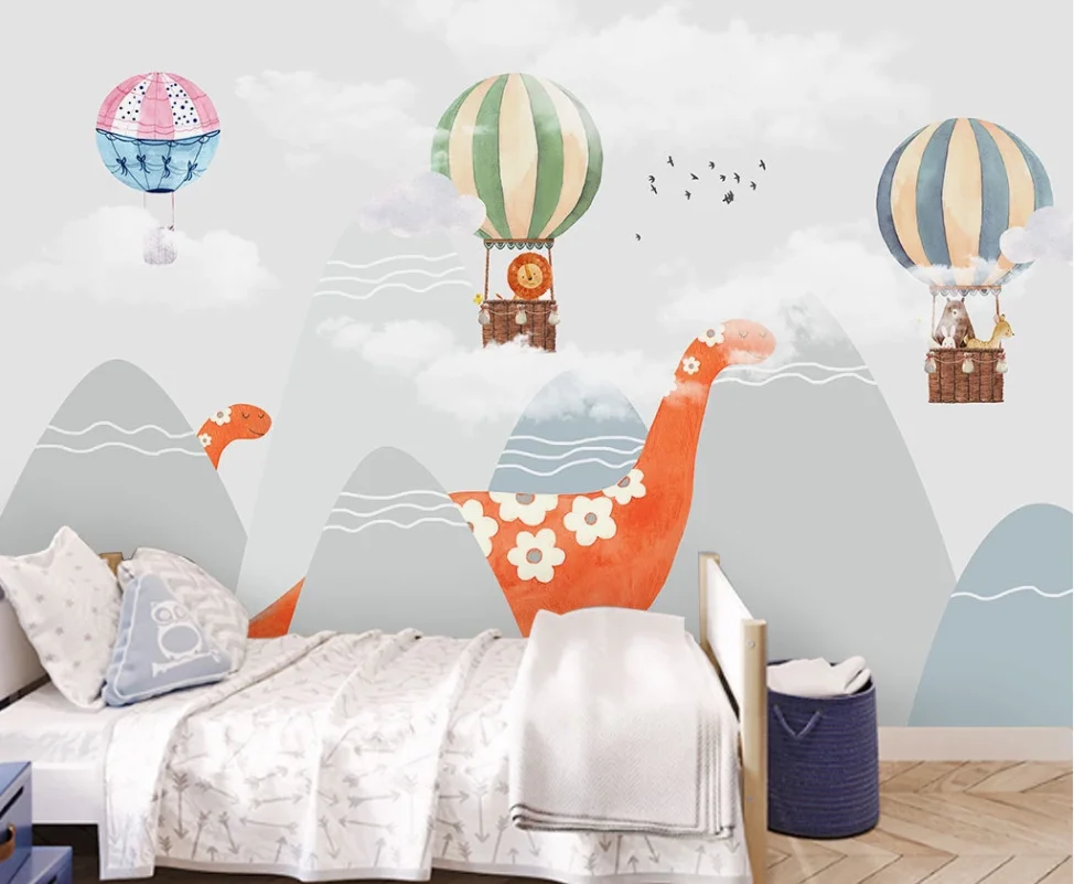 XUE SU Custom wallpaper modern minimalist children's room hot air balloon mountain dinosaur bedroom cartoon background wall