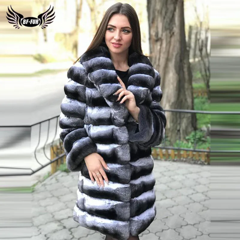 

BFFUR Long Rex Rabbit Fur Coat With Lapel Collar Natural Full Pelt Rabbit Fur Jackets Genuine Chinchilla Color Overcoats Luxury