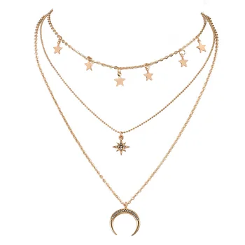 

New Gold Necklace Pentagram Geometry Moon Pendant Clavicle Chain Statement Necklace Women Gothic Long Necklace Wholesale