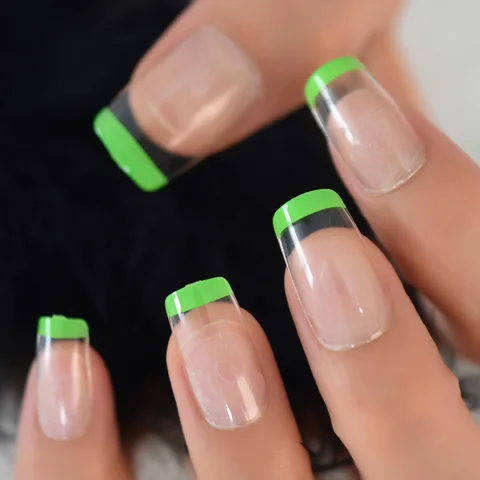 NEON False Nail Green Fake Set Medium Length Press On Nails Transparent Salon Artificial Fingernails Summer Must