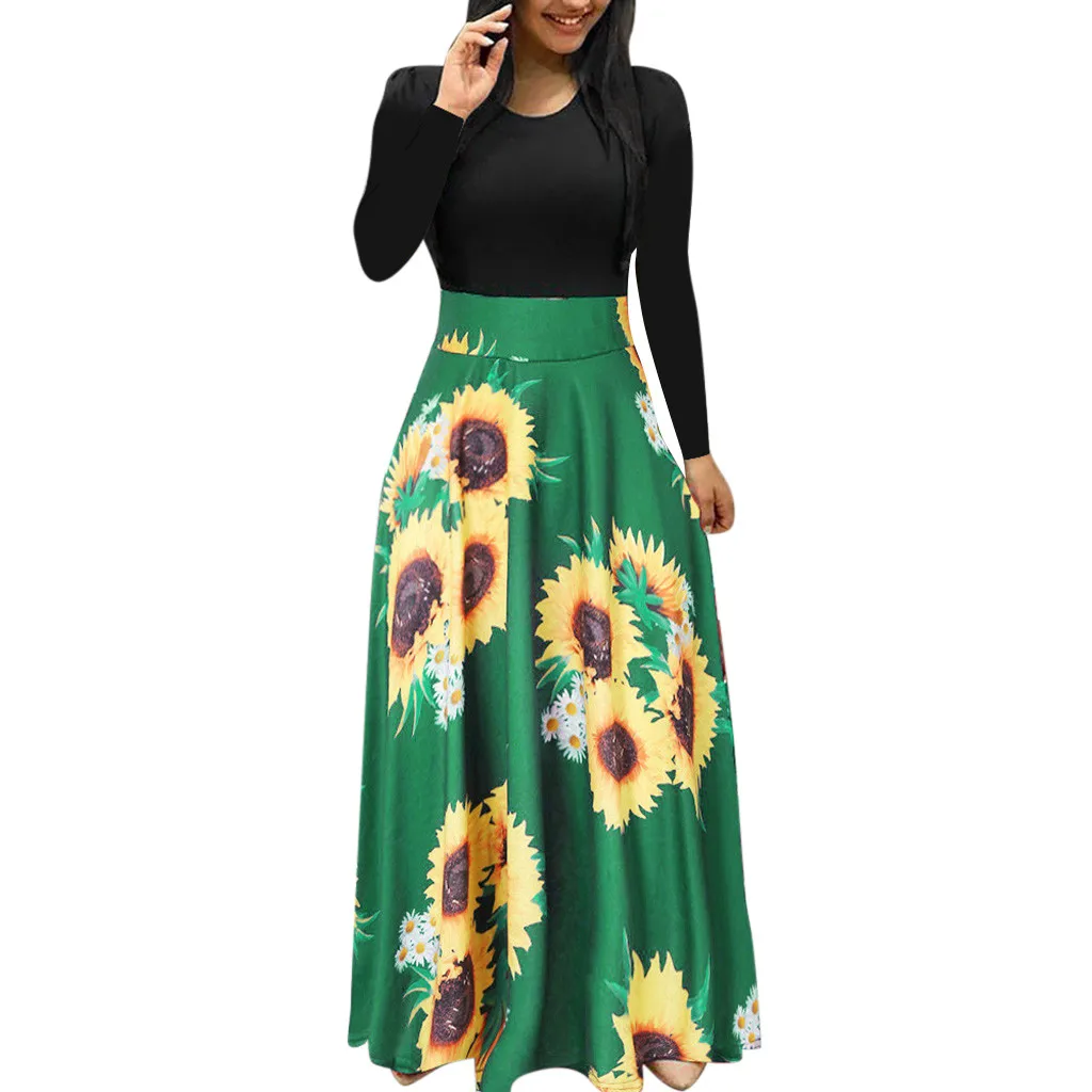 Summer Party Dress 2019 Sexy Green Floral Maxi Dress Women Casual Dresses Woman Party Night Elegant Long Sleeve Women Long Dress