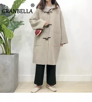 

Winter Houndstooth Plaid Sheep Wool Coat Women Hooded Oversize Loose Vintage Long Ladies Woolen Outerwear Overcoat Woolen Coats