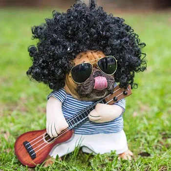 

Funny Pet Guitar Player Cosplay Dog Costume Guitarist Dressing Up Party Xmas Halloween New Year Clothes for Dog Cats Plus Wig