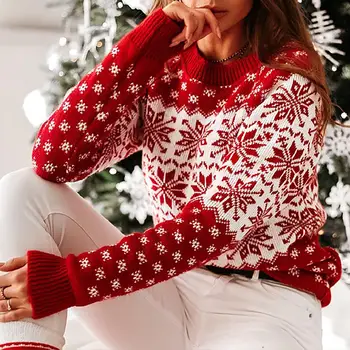 

Christmas Sweaters Women Xmas Snowflake Print O Neck Sweaters Pullovers Autumn Winter Ladies Knitted Jumpers Sweater pull femme
