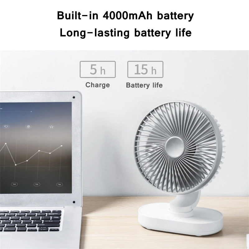 Electric USB Auto Rotation Desktop Fan 4000mAh Rechargeable Air Cooling Conditioner 4 Speed Wind Silent Portable for Home Office