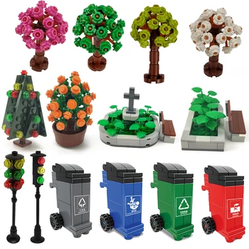 

City Building Blocks Street View Traffic Light Pond Bench Set Orange Tree Toys For Children Ashbin Creator Compatible MOC Citys