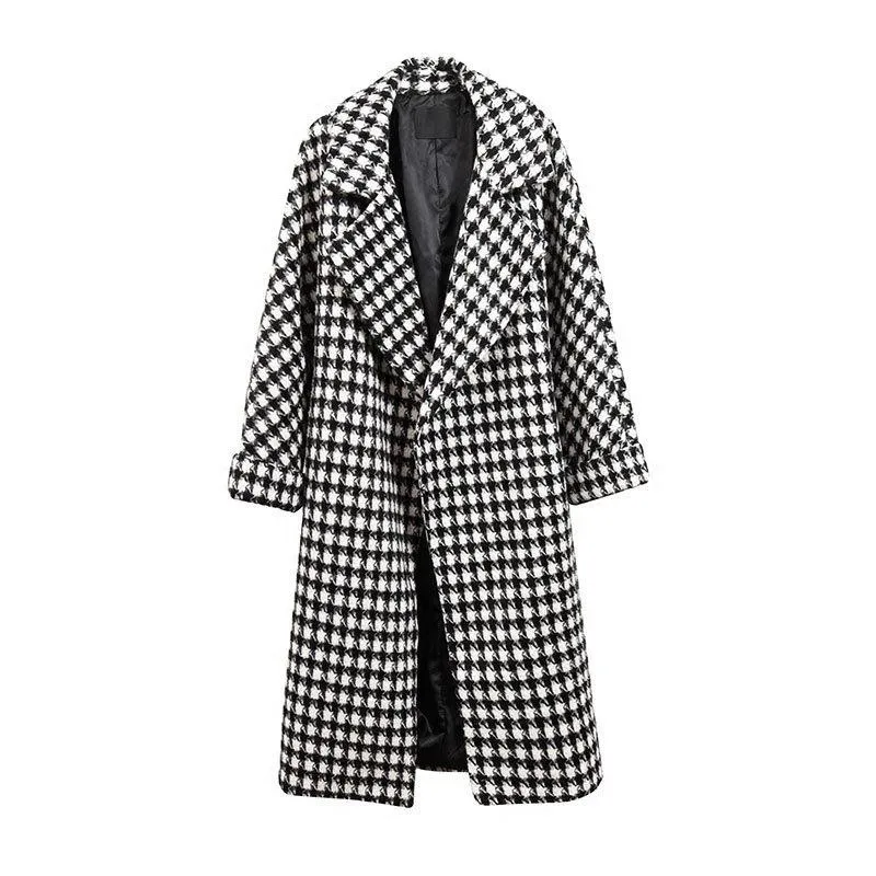 

2019Autumn Winter Elegant Runway houndstooth Woolen coat Women Loose casual Plaid Long Coats Wide-Waist Thick Plus Size Jackets