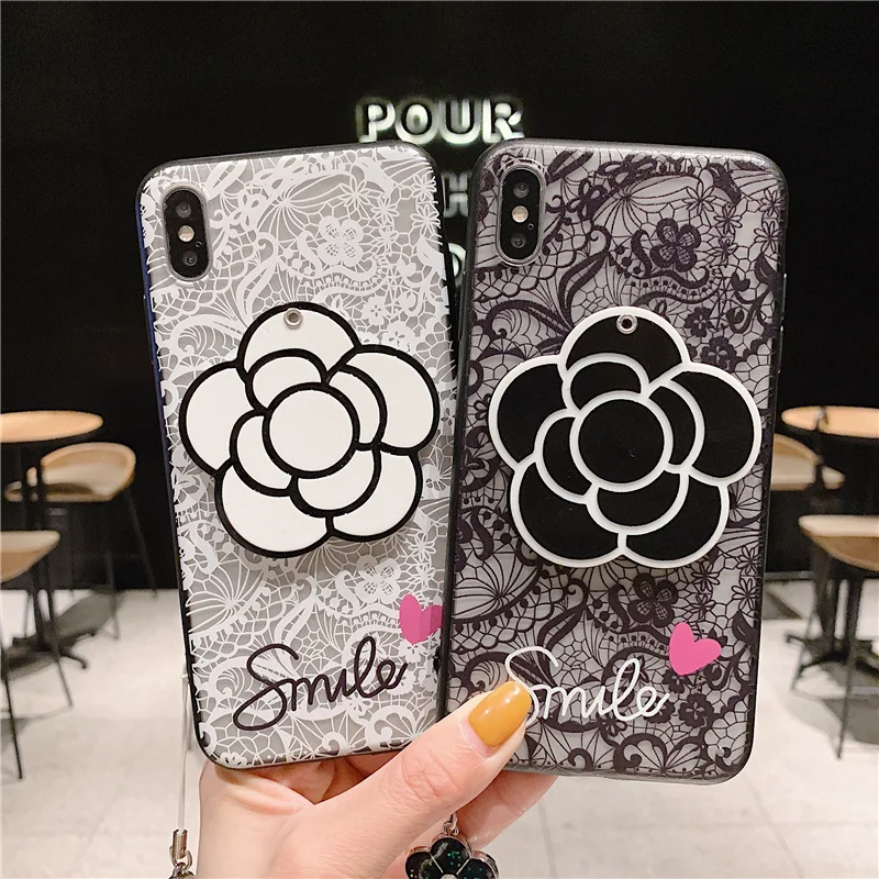 Lace Flower Makeup Mirror Phone Case For Samsung Galaxy S8 S9 S10 Lite S7 S6 Edge Plus C5 C7 C9 Note 8 9 With Lanyard Back Cover