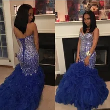 Потрясающее милое платье русалки для выпускного вечера Новинка кристально ярко-синяя органза длинное вечернее платье с открытой спиной с Боковым Разрезом