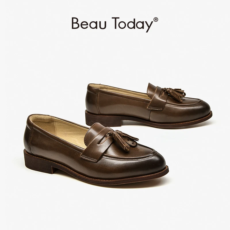 BeauToday mocasines de piel de vaca con flecos para mujer, zapatos planos con punta puntiaguda, informales, cordones, hechos a mano, 27117|Zapatos planos de mujer| AliExpress