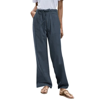 

Women Long Pants Casual Solid Wide Legs Cotton Linen Plain Trousers Baggy