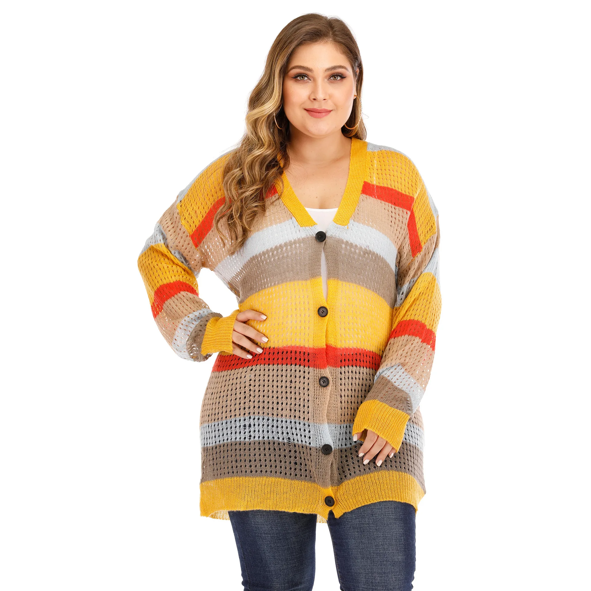 

Large Size Dress Multi-color Stripe Contrast Color Joint Single Breasted V-neck Hollow out Knitted Sweater WOMEN'S Cardigan Coat