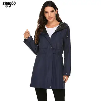 

Women Casual Hooded Long Sleeve Solid Spring/Fall Zipper, Button Drawstring Hip Length Windbreaker Raincoat