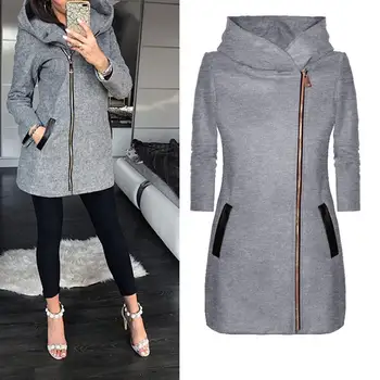 

Fashion Women Solid Color Zip up Long Sleeve Hooded Pocket Jacket Coat Outerwear