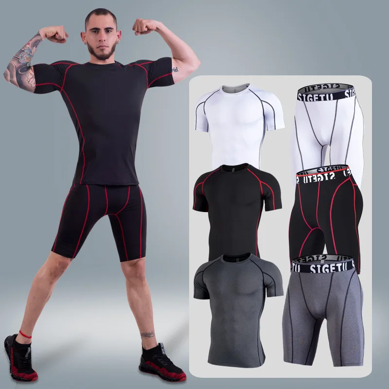 

New Style Workout Clothes Men Elasticity Quick-Dry Bodysuit Gym Running Yoga Sports Set Summer