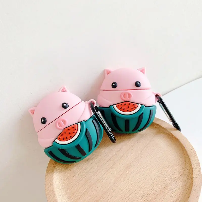 Watermelon Pig Pattern Protective Case Silicone Cover with Carabiner for AirPods for smart watch