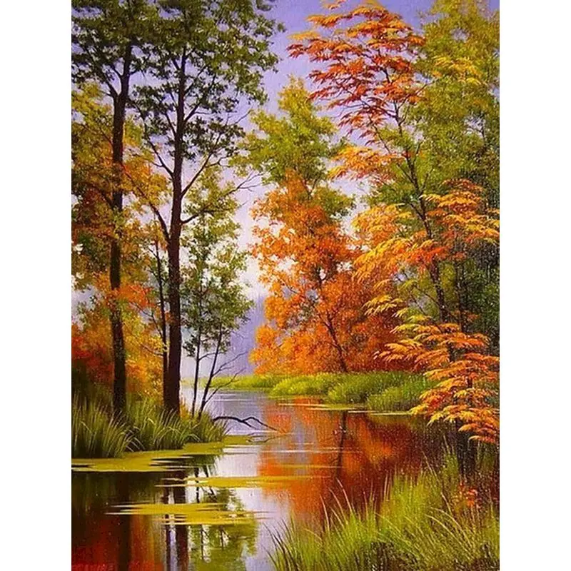 

Gatyztory Frame Tree River Painting By Numbers Landscape Handpainted Canvas Colouring Diy Gift Home Wall Decor 60Ã—75cm