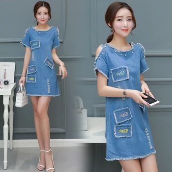 

Beading Denim Dress Hole Dresses For Women Plus Size Casual Ladies Dresses Patchwork Korean Dress Vestidos De Fiesta De Noche