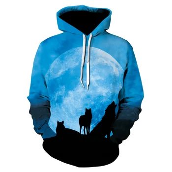 

Womens men's Hoodies 3D Harajuku Sweatshirt Moon Wolf Print Hip Hop Blue Blouse Tops Loose sleeve Oversized Sweatshirts coat