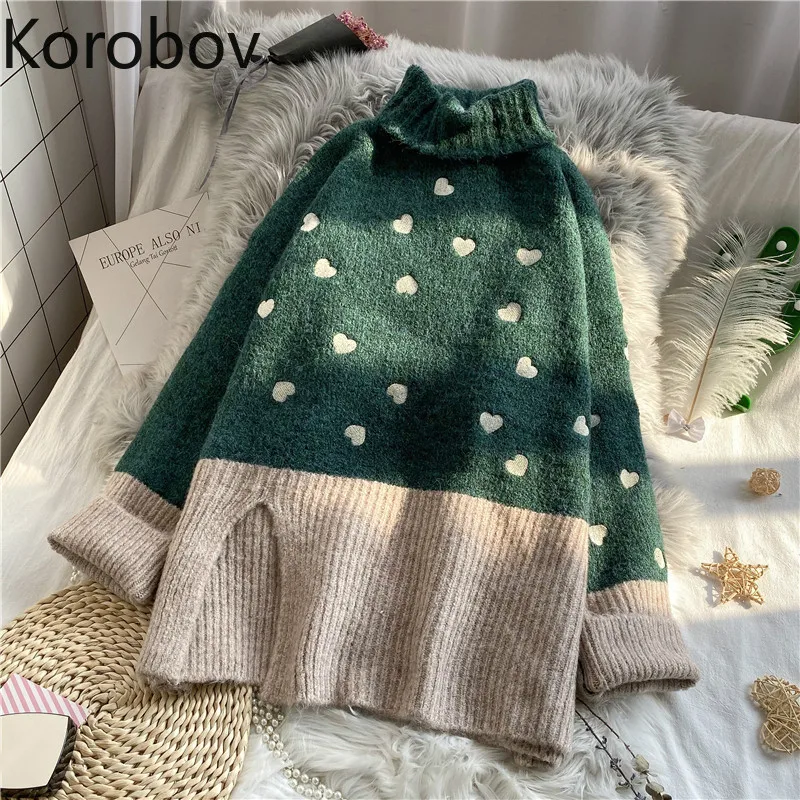 Korobov 2019 New Arrival Autumn Turtleneck Women Sweater Korean Knit Hit Color Patchwork Sueter Mujer Sweet Love Pullovers 79301 | Женская