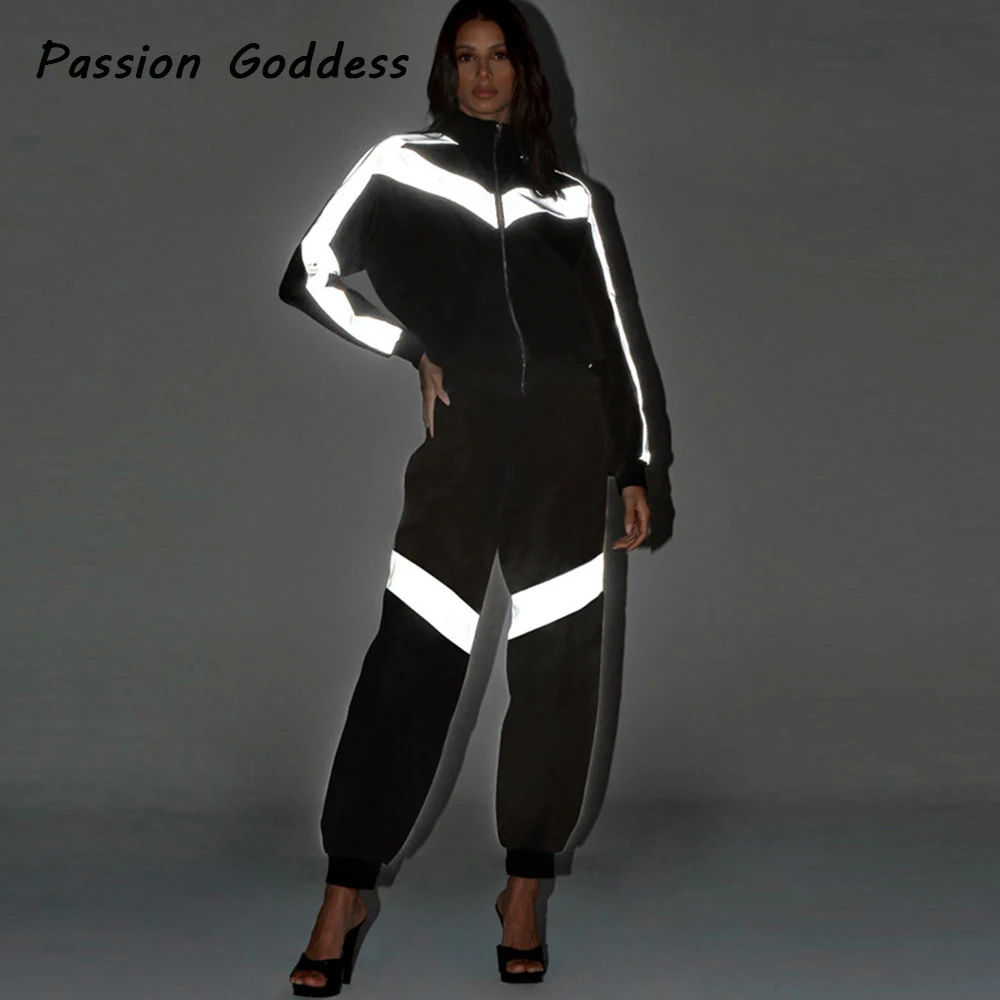 

Women 2 Piece Reflective Stain Tracksuits Set Outwear Baseball Bomber Jackets Zipper Sweatsuits Hoodies Long Sweatpants Costumes