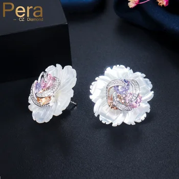 

Pera Creative Natural Shell Flower and 3 Round Colorful Crystal DIY Jewelry Free Combination Stud Earrings for Women Gift ER402