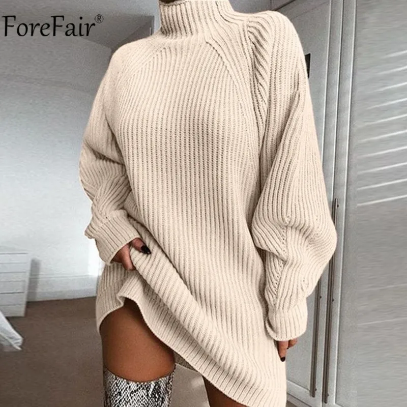 Apricot Forefair Водолазка с длинным рукавом свитер платье для женщин осень зима свободная туника трикотажная Повседневная розовая серая одежда однотонные платья - Цвет: Apricot
