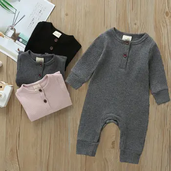 2019 Baby Spring Autumn Clothing Newborn Infant Baby Boy Girl Cotton Romper Knitted Ribbed Jumpsuit Solid Clothes Warm Outfit 1