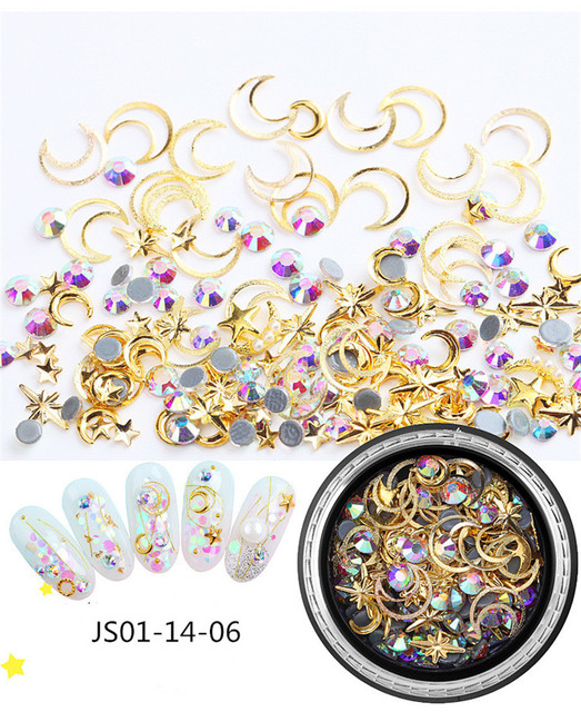 Nail Charm Rhinestone Star/Moon/Horizontal Line/Pearl/Water-Drop Mixed 9 Styles Golden Luxury Nails Decoration AccessoriesJS