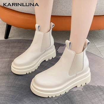 

Karinluna New Brand Fashion women shoes Splite Leather Slip-On Ankle Female Boots Round Toe Platform Autumn Shoes