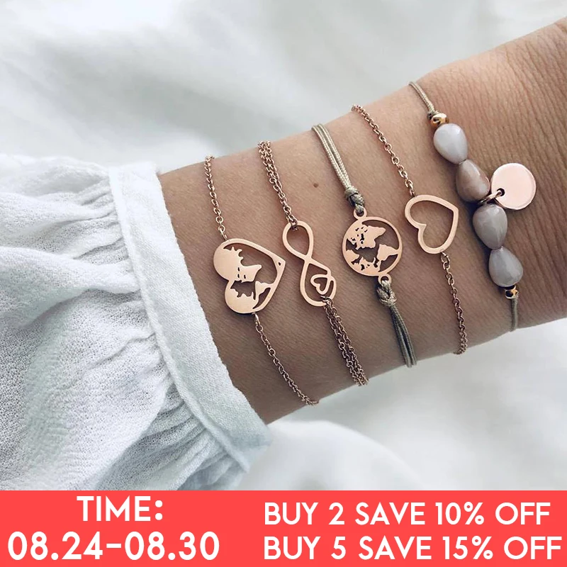 FAMSHIN Boho, новинка, панк, полые, сердце, карта, Круглый, из бисера, кисточка, браслет-цепочка, золотой цвет, браслет, набор, для женщин, изысканные, вечерние, подарок для влюбленных