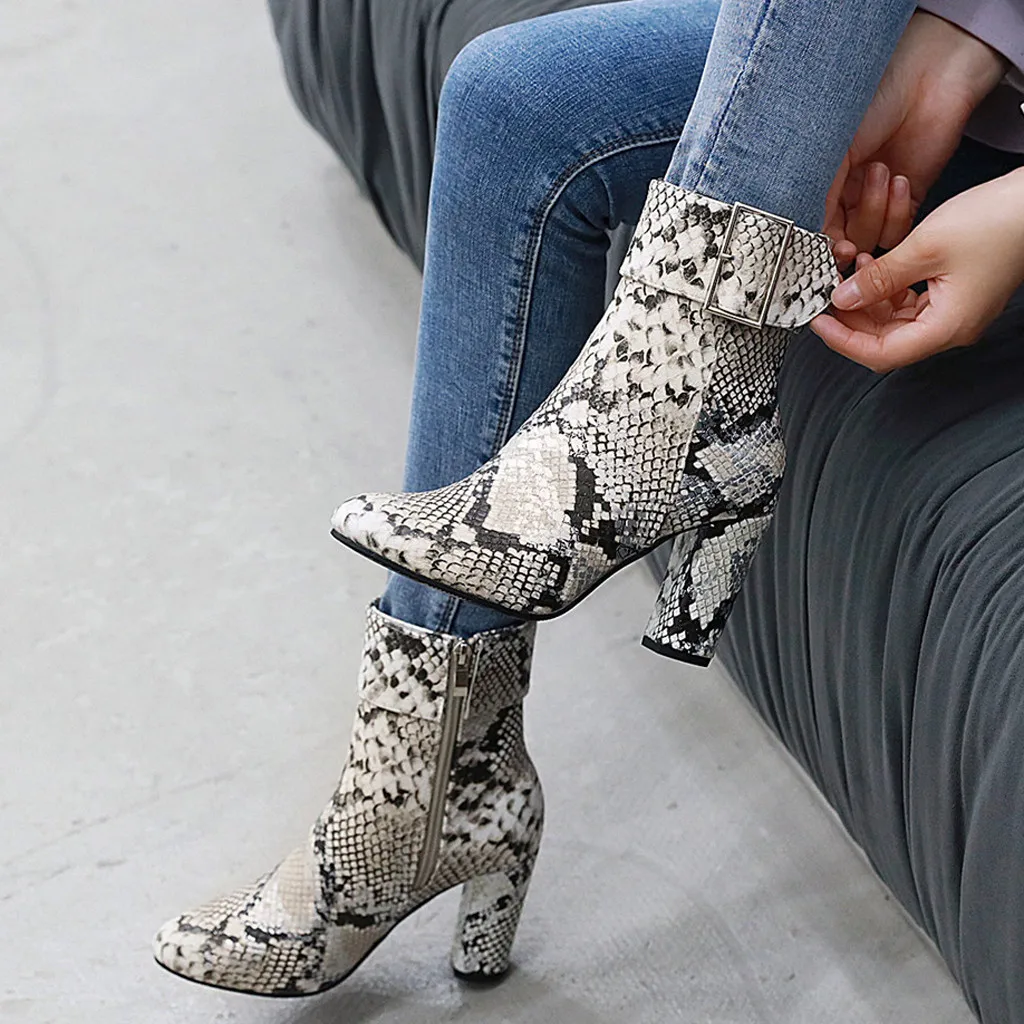 Botas con estampado de serpiente para mujer, botines con cremallera, tacón  cuadrado, punta redonda, Sexy, Chelsea, con correa de hebilla, 2019|Botas  hasta el tobillo| - AliExpress