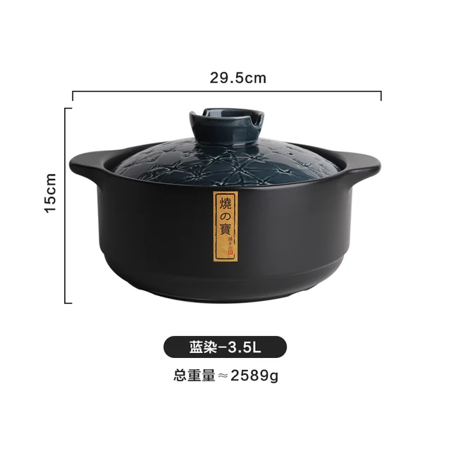 Ceramic Casserole Household Saucepan Soup Pot Large Capacity High Temperature Resistant Claypot Rice Porridge Blue dyed-3.5L