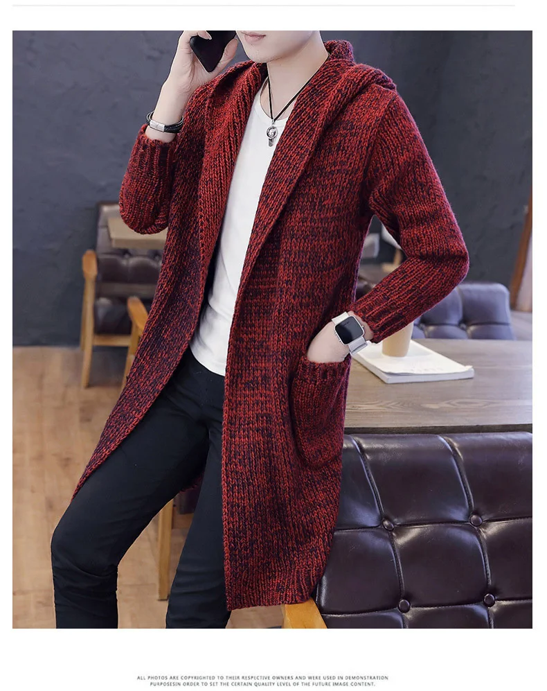 Осенне-зимние мужские длинные плотные свитера, пальто, цвет, длинный рукав, с капюшоном, верхняя одежда, Мужской Повседневный свитер, кардиган X9217