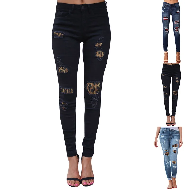 

Women's Casual Boyfriend Distressed Skinny Leopard Patch Ripped Jeans 2020 Spring Autumn Women Jeans