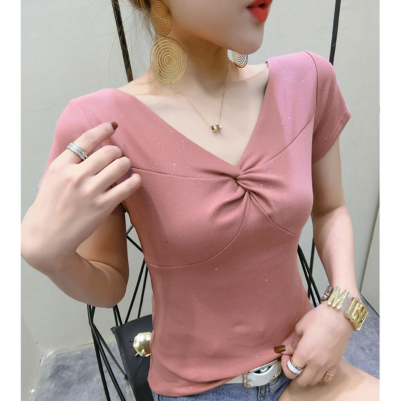 Korean Clothes Sexy Shiny V-Neck Drape T-shirt Women 2020 Summer Cotton Short Sleeve Tops Ropa Mujer Bottoming Shirt Tees T02417 | Женская