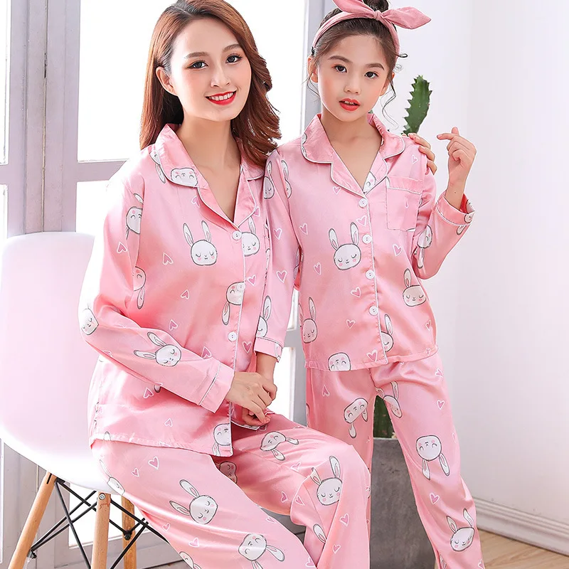 

Parent And Child Mother & Daughter Pajamas Summer Long Sleeve Viscose Cartoon Girls Big Boy Thin Type for Spring And Autumn Home