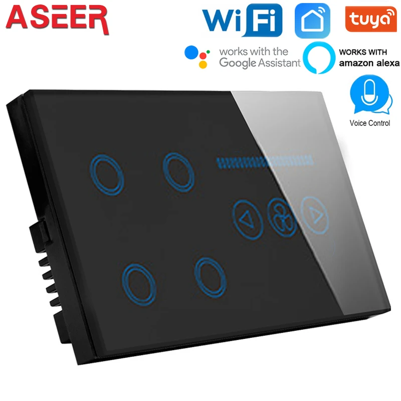 

ASEER UK smart switch 4 gang WIFI Wall switch with wifi control Fan Switch,Black Crystal Glass Panel,Work alexa,google assistan