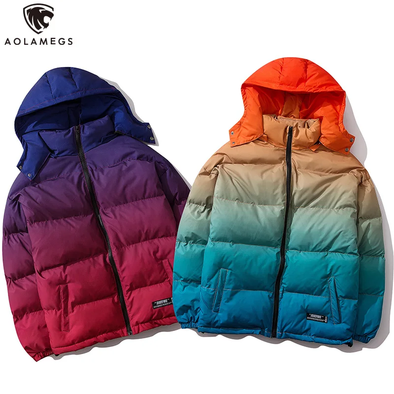 

Aolamegs Winter Jacket Hit Color Cotton Padded Jacket Men Stand Collar Harajuku Thick Hooded Windproof Casual Streetwear Winter