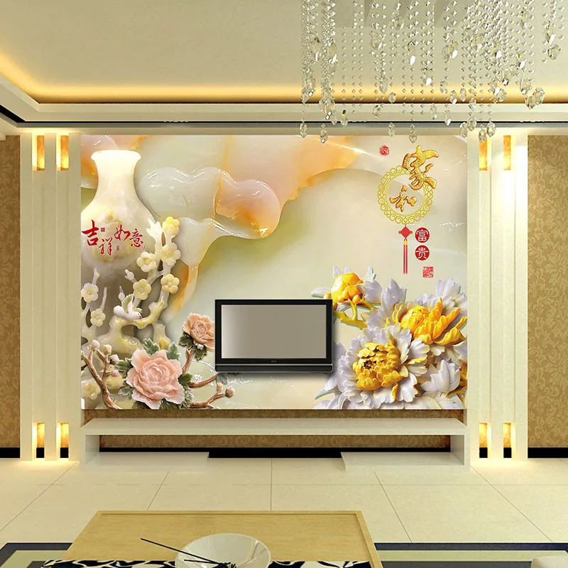 

3D Customized wallpaper mural Chinese style Chinese pattern with embossed vase behind sofa as background in living room