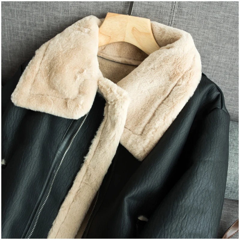 Ideal  Winter Motorcyle Basic Jackets Plush Outerwear Warm Coat Streetwear Punk PU Jacket Faux Fur Jackets