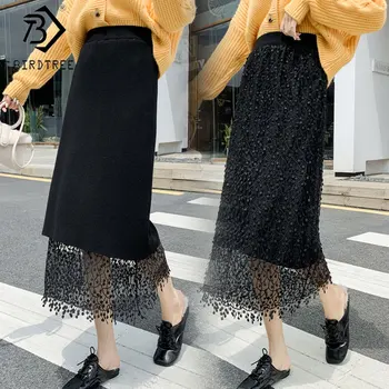

Autumn Winter Women Two Side Wear High Waist Knitted Midi Wrap Hip Skirts 3D Lace Elegant Korean Style Solid Skirt B0N215N