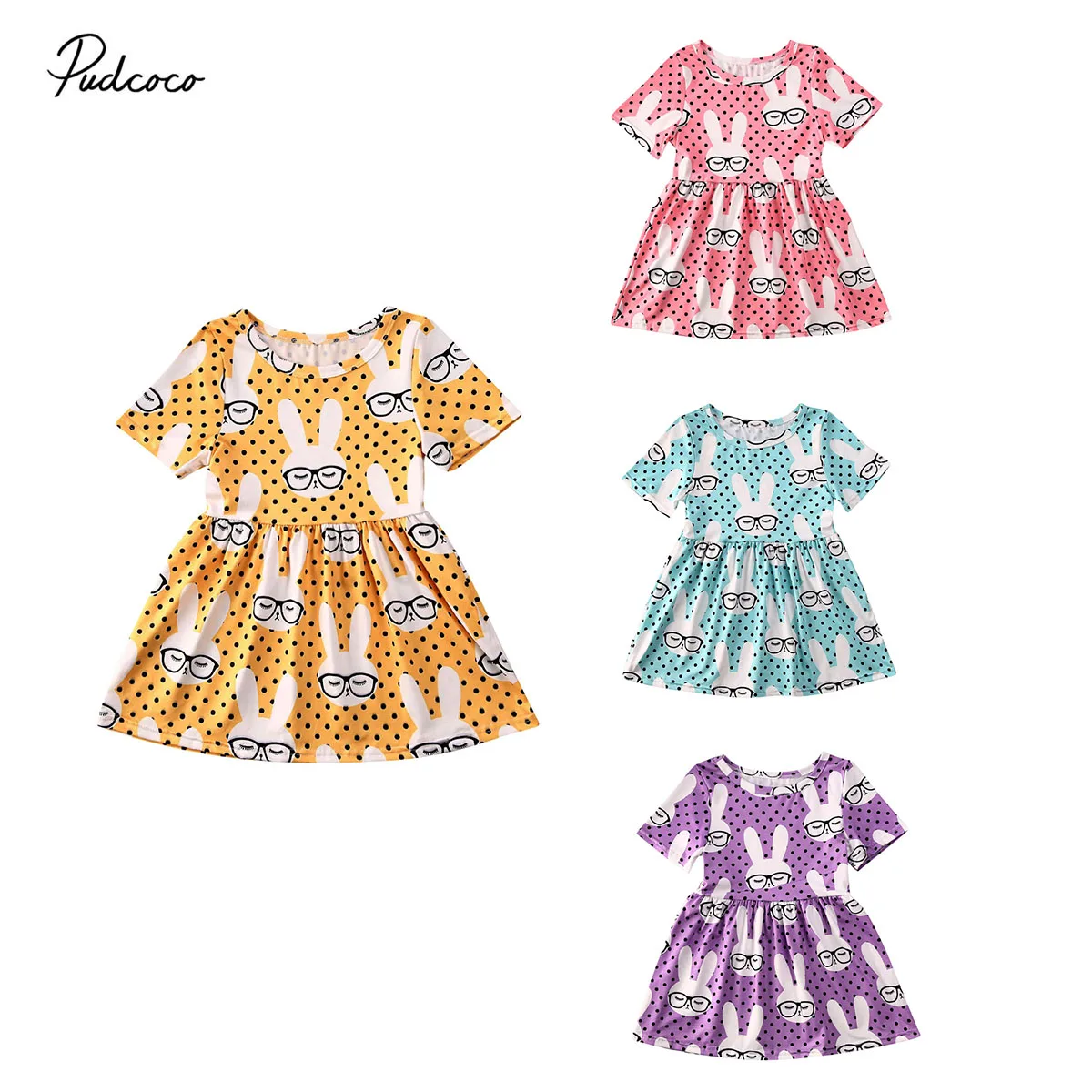 

2020 Baby Summer Clothing 1-6T Infant Kid Baby Girl Easter Dress Short Sleeve Dots Rabbit Gown Short Sleeve Princess Party Dress