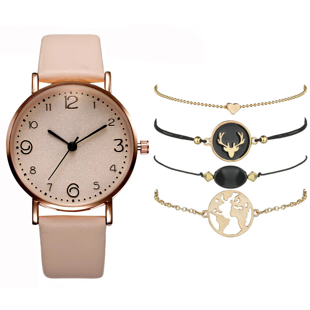 

Women's Fashion Simple Cool Leather Belt Quartz Watch Students Watch + Bracelet Set (5pcs/set) Watch