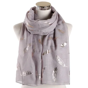 

New Fashion Head Scarf Women Spring Autumn Bronzing Foil Silver Feather Printed Scarf Muslim Headscarf Wrap for Women