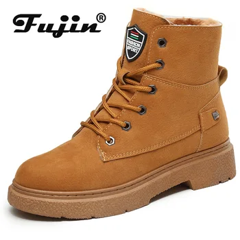 

Fujin Suede Women Boots Brown Black Platform Motorcycle Riding Winter Boots Shoes Snow for Women Plush Warm Velvet Boots